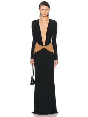Christopher Esber Contour Suede Belted Long Sleeve Gown in Black Deep Sand
